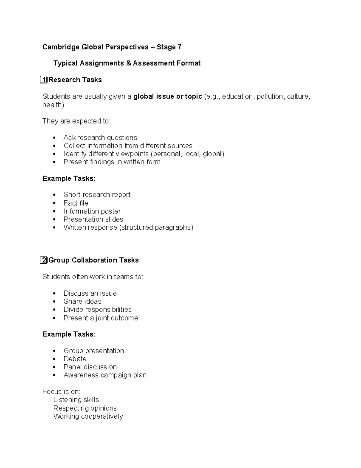 Cambridge Global Perspectives Stage 7: Assessment Format & Tasks - Studocu