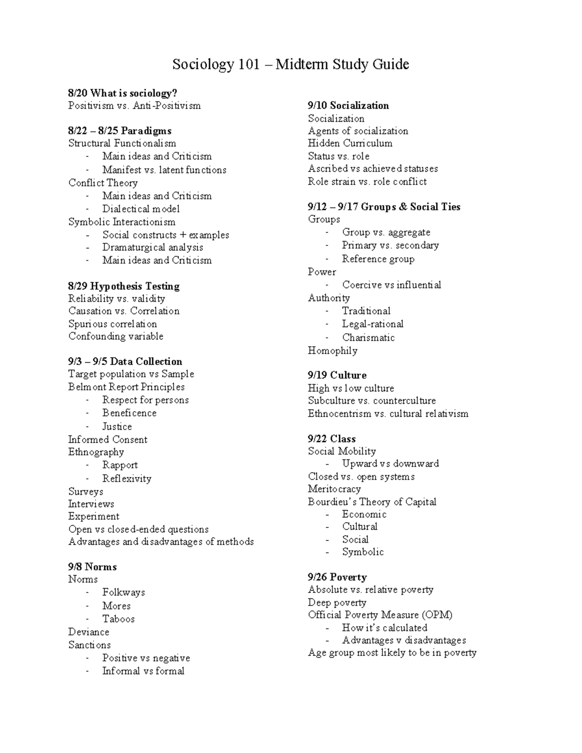 Sociology 101 Midterm Study Guide: Key Concepts & Theories - Studocu