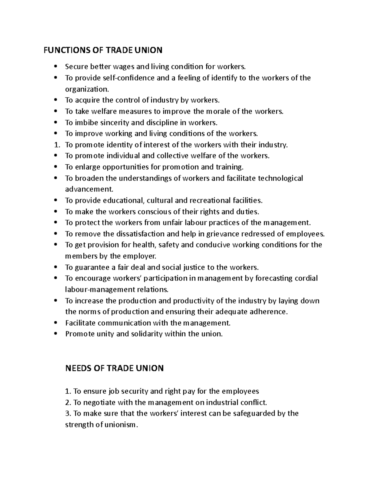 Functions and Needs of Trade Unions: Support for Workers' Rights - Studocu
