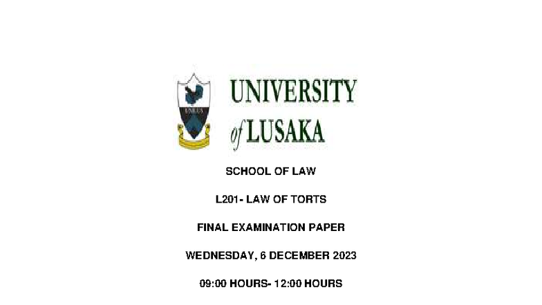 L201 Law of Torts Final Exam Paper - December 6, 2023 - Studocu