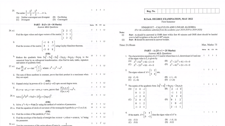 M1 1252 B.Tech. Final Exam QP - Calculus & Linear Algebra 2022 - Studocu
