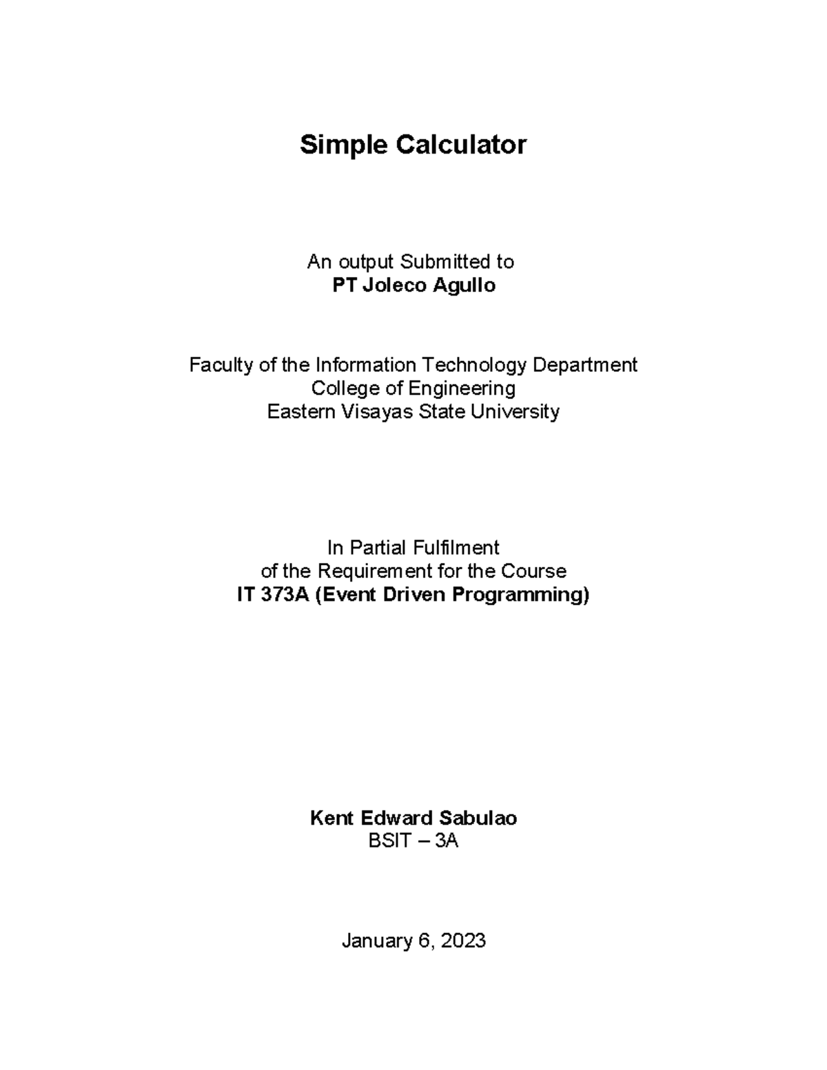 Simple Calculator Sabulao - Simple Calculator An output Submitted to PT ...