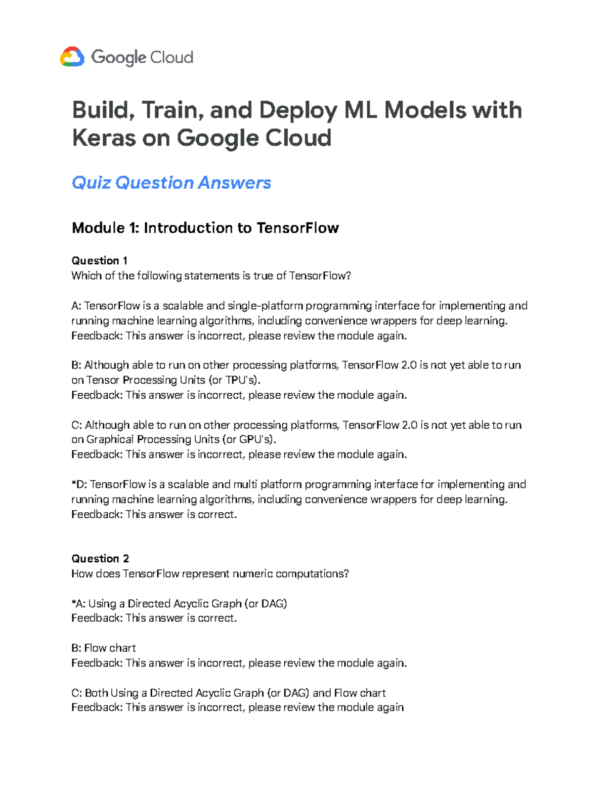 Keras on Google Cloud (GC) - Module 1 Quiz Questions & Answers - Studocu