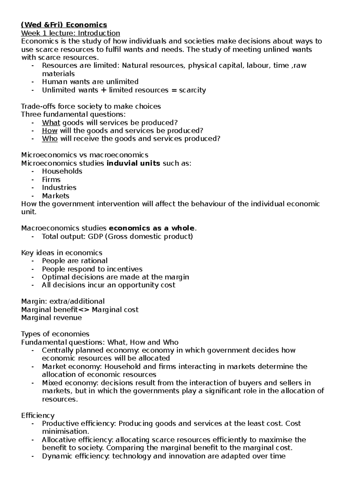 (ECO 101) Week 1 Lecture Notes: Introduction to Economics Concepts ...