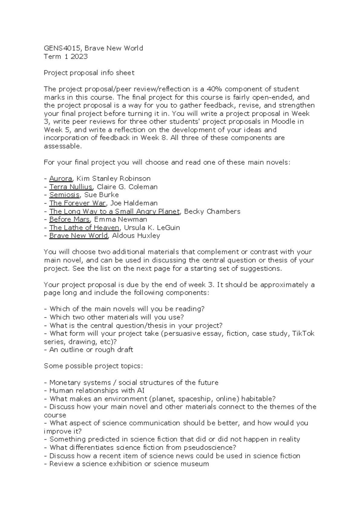 GENS4015 Project Proposal Guidelines for Brave New World Term 1 2023 ...