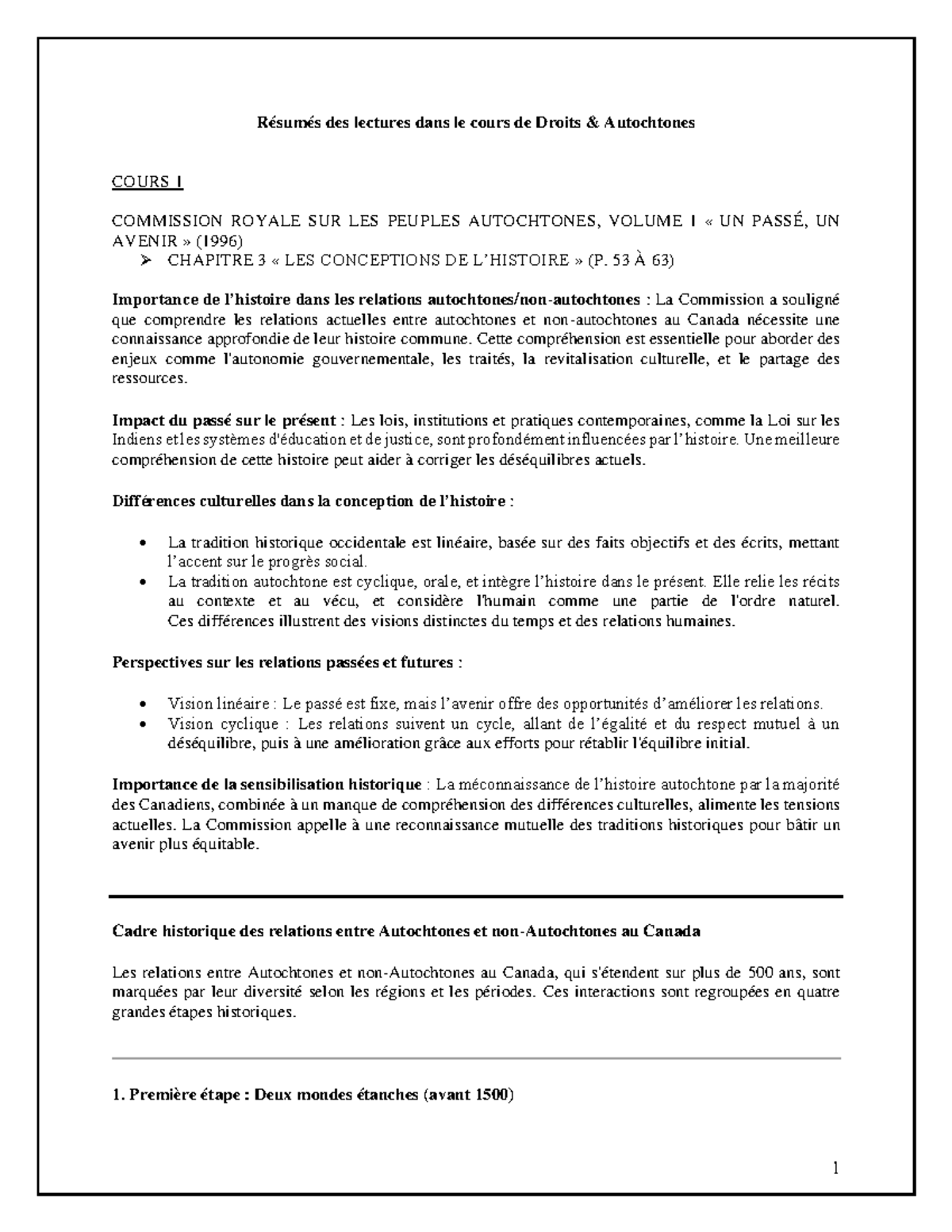 Résumé des lectures du cours DRC 1709 : Droits Autochtones et Histoire ...