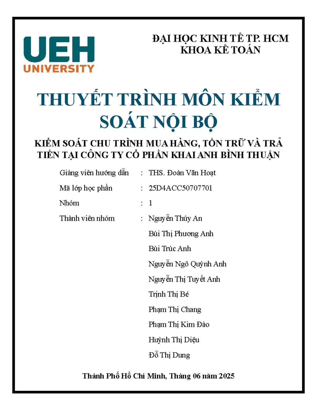 KIỂM SOÁT NỘI BỘ TRONG CHU TRÌNH MUA HÀNG TẠI CÔNG TY CỔ PHẦN KHAI ANH BÌNH - Document Preview