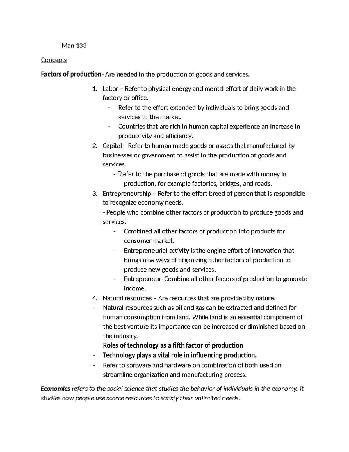 management and financial acounting - Man 133 Concepts Factors of ...