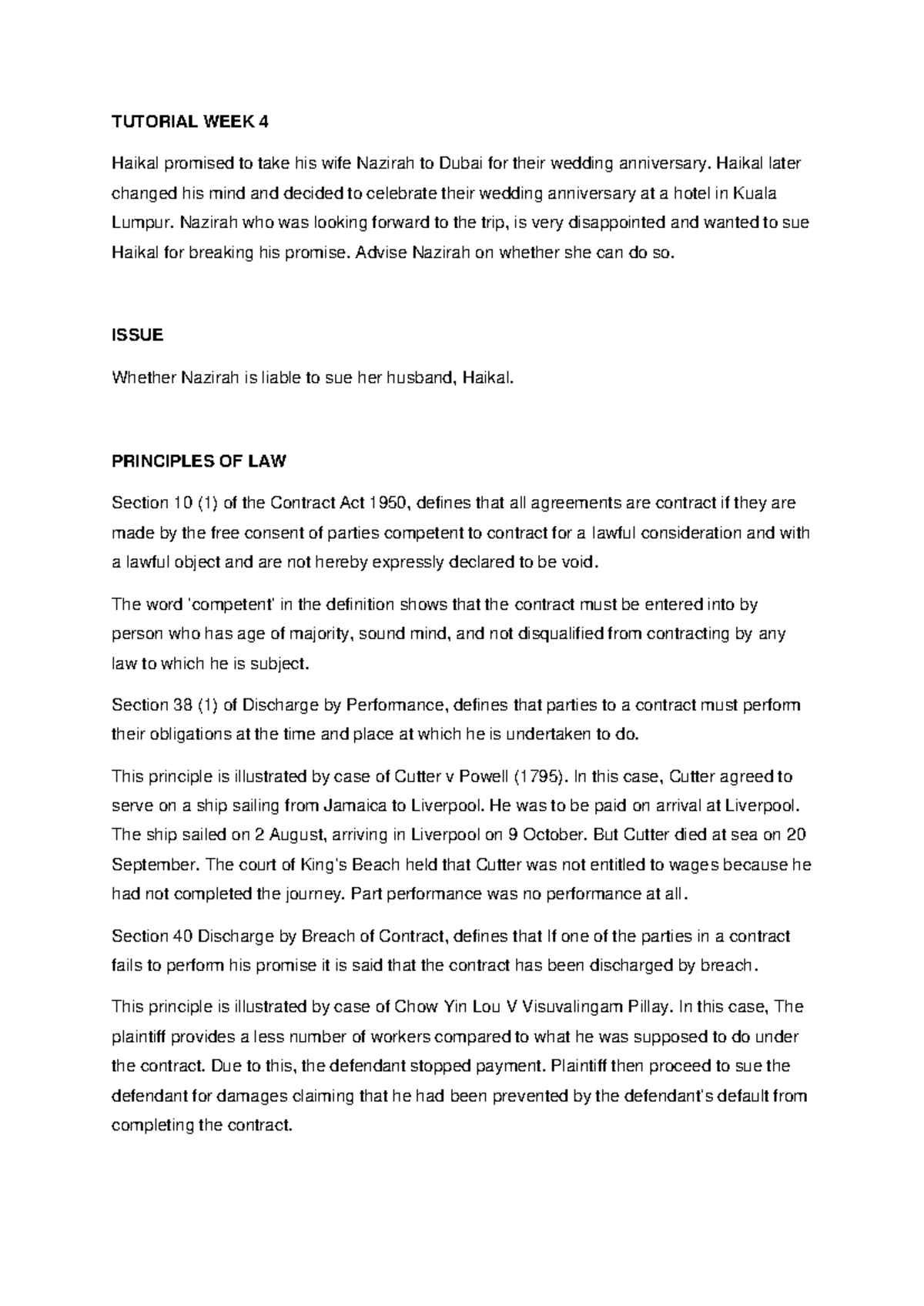 LAW 299 Tutorial Week 4 - Case Study on Contract Breach - Studocu