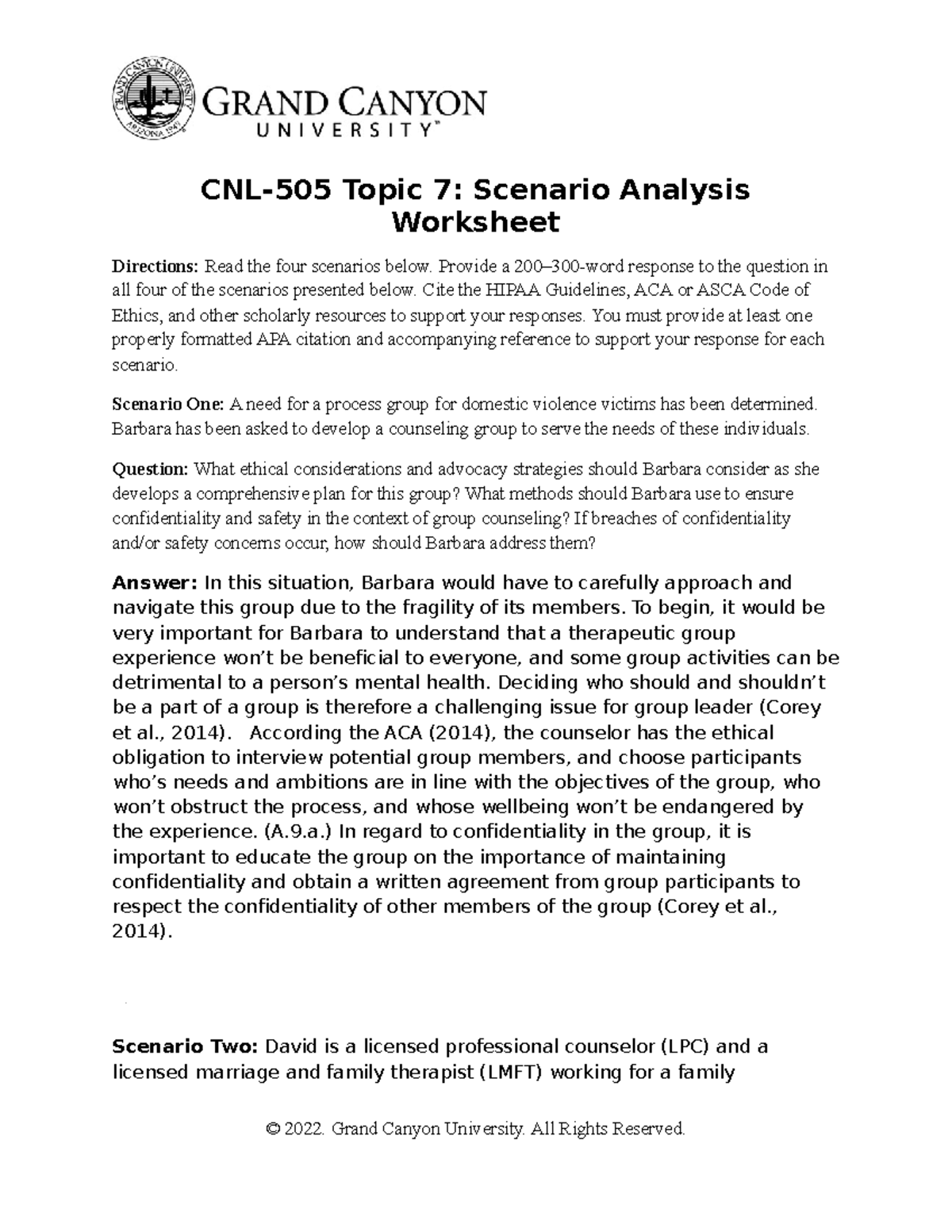CNL 505 RS T7 Scenario Analysis Worksheet Response Guide - Studocu