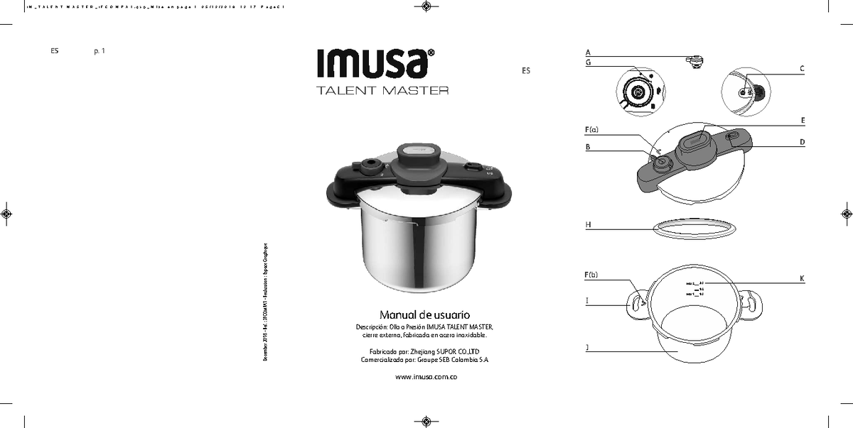 Manual de Usuario Olla a Presión IMUSA TALENT MASTER IFCOMPA1 - Document Preview