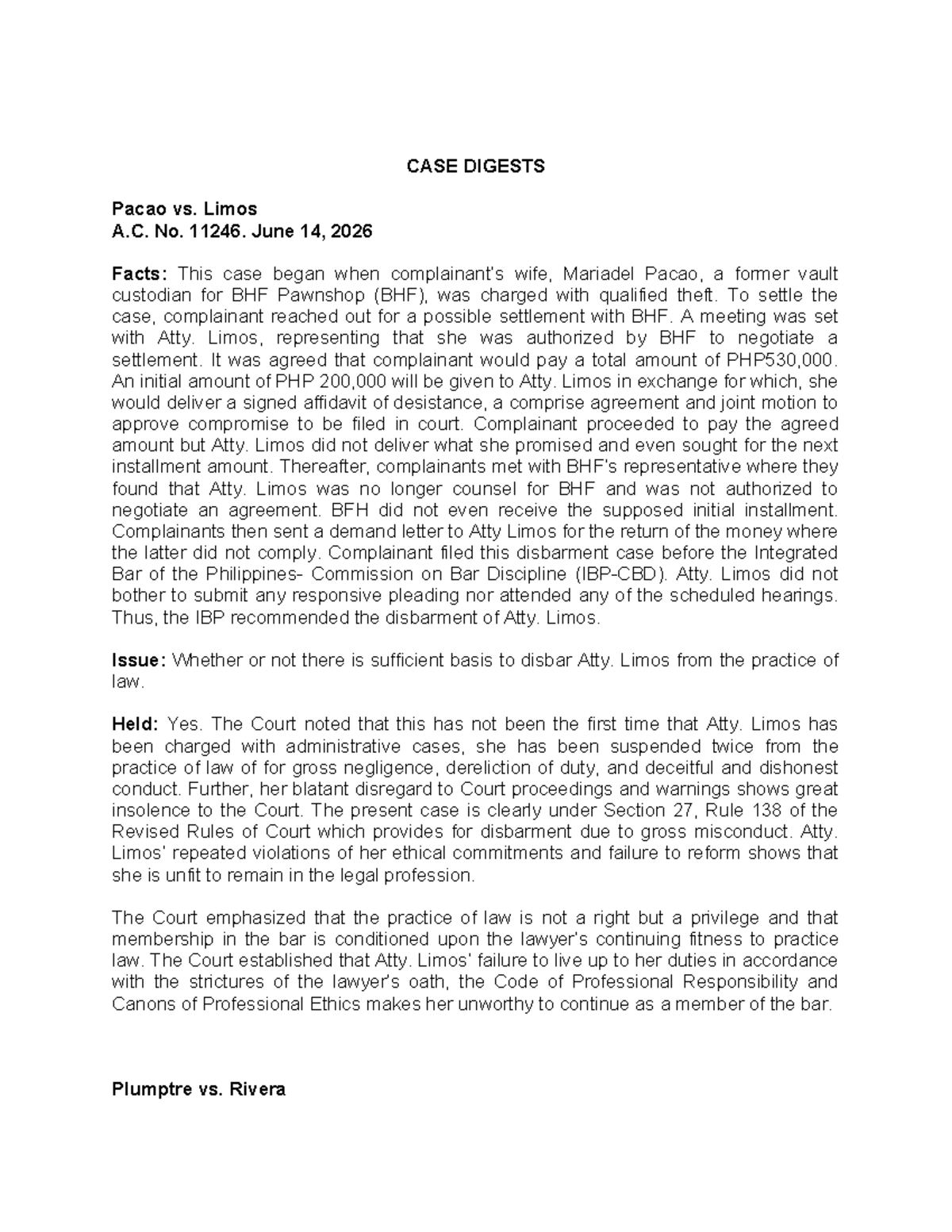 PALE cases - case digest - CASE DIGESTS Pacao vs. Limos A. No. 11246 ...