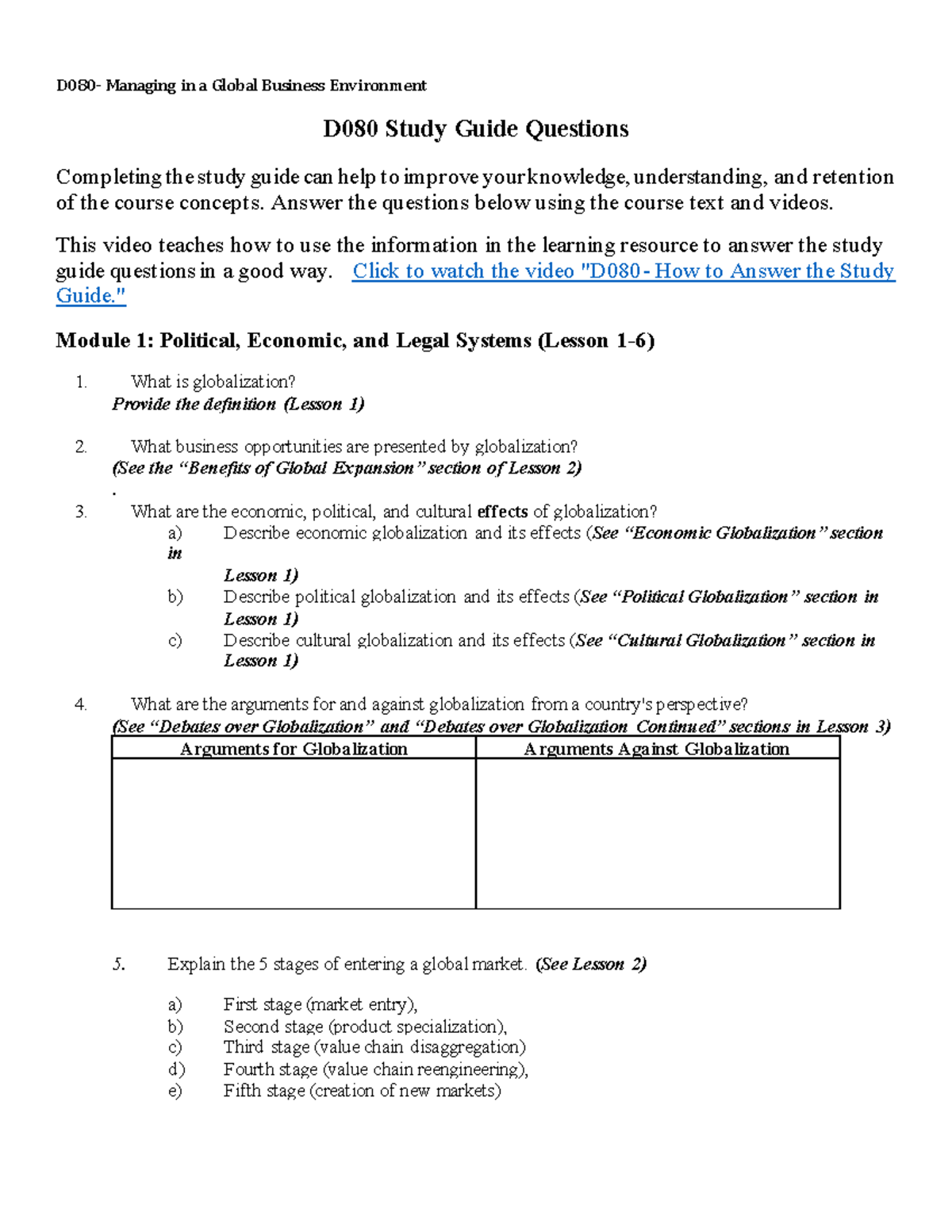 D080 Managing in a Global Business Environment Study Guide - Studocu