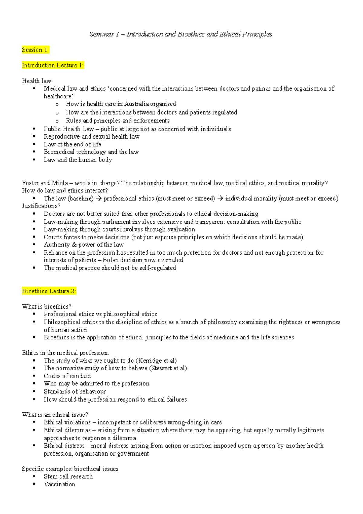 Medical Law and Ethics (LAW123) - Seminar Notes on Bioethics and ...