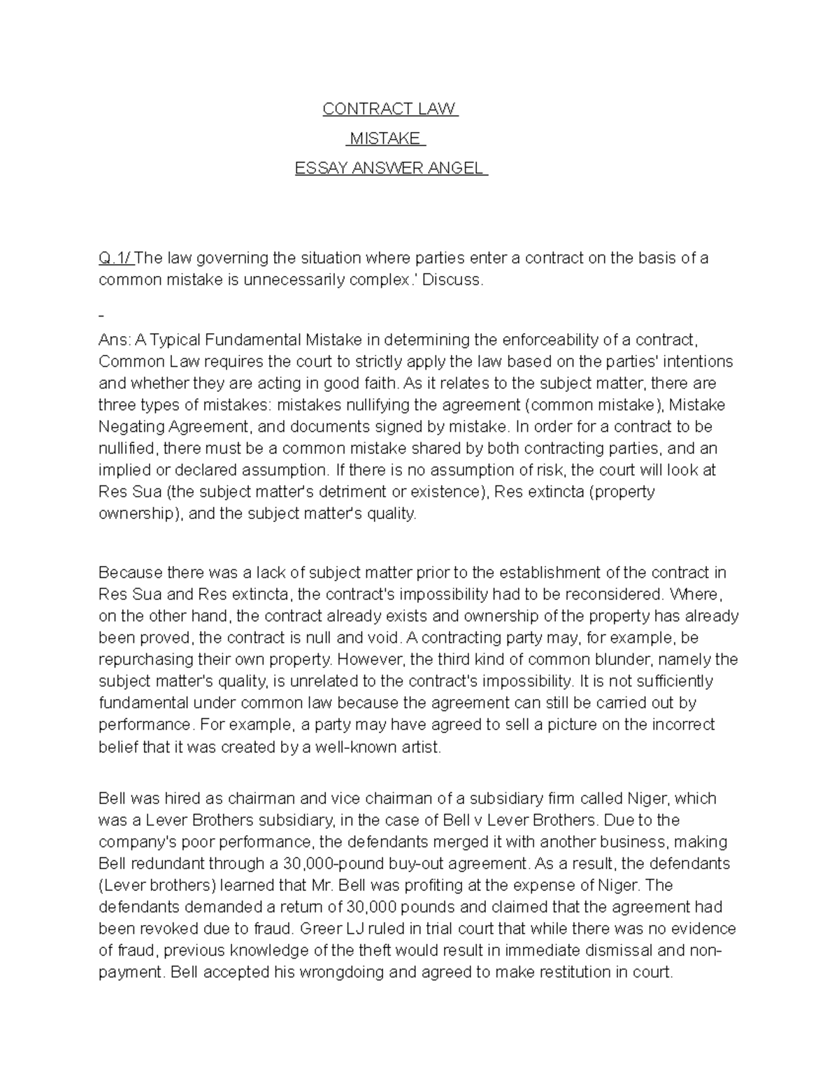 Contract LAW (Mistake Essay Notes) - Studocu