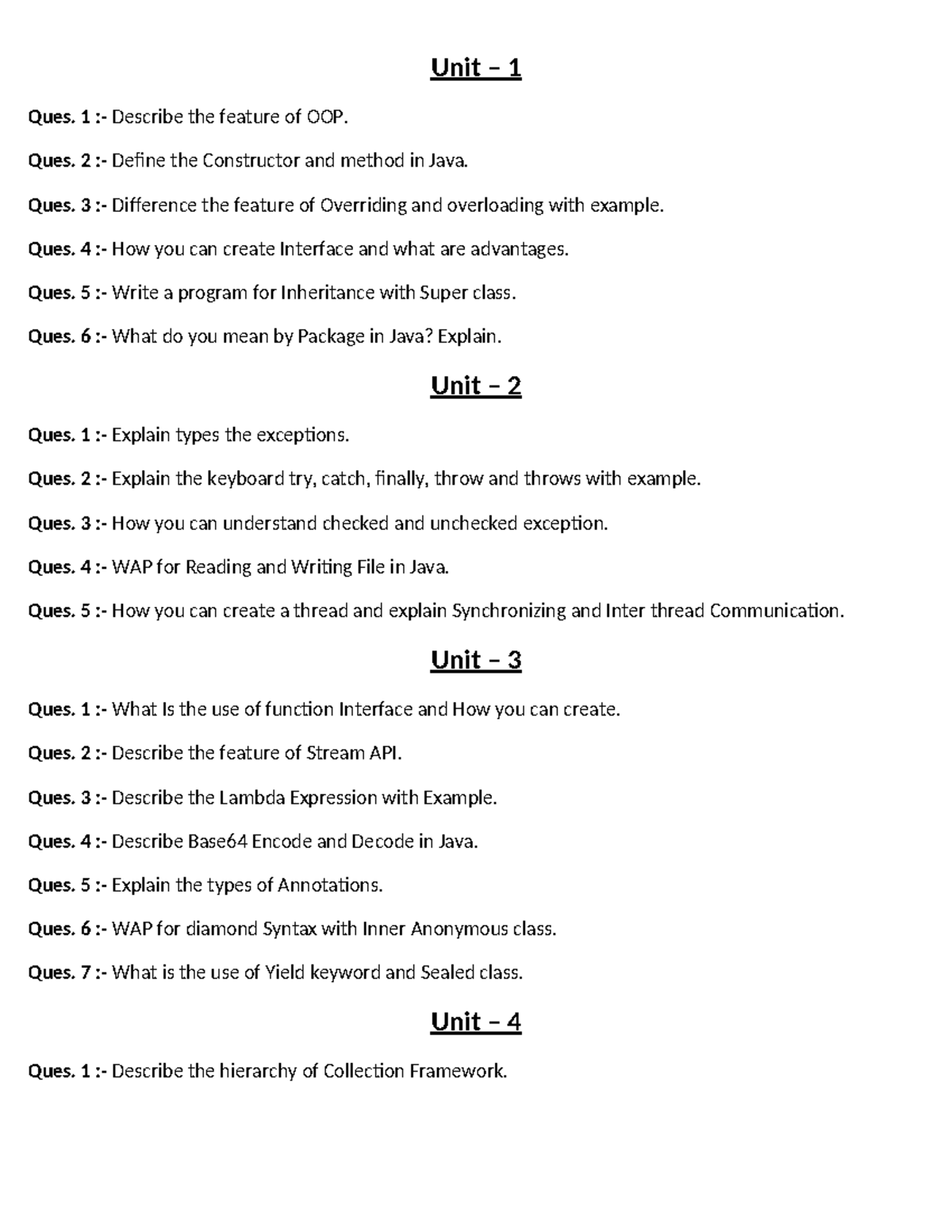 OOP QUES - Java Concepts & Collection Framework Quiz - Studocu