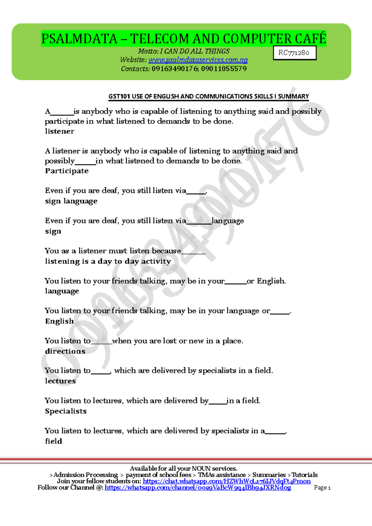 GST101 Use of English and Communication Skills I Summary - Studocu