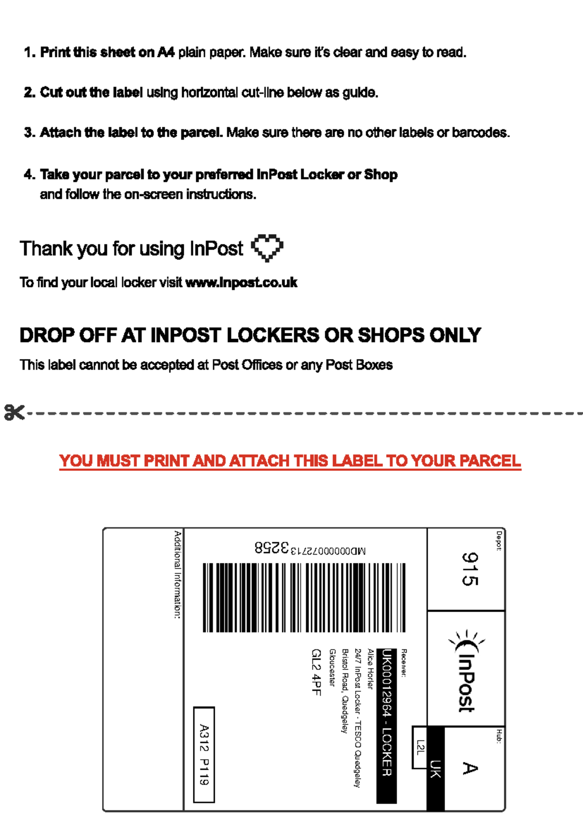 InPost Label Instructions for Vinted Parcel (Depot: 915) - Studocu