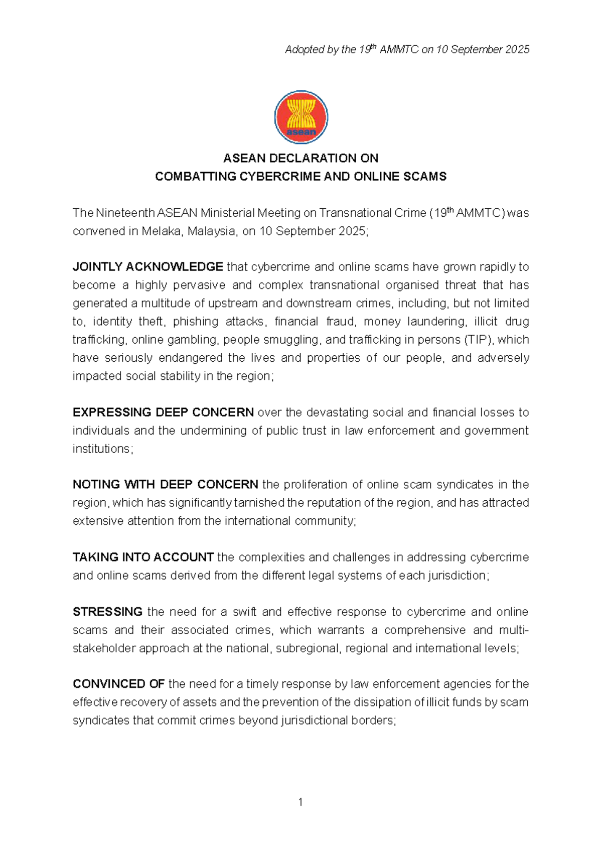 ASEAN Declaration on Combating Cybercrime & Online Scams (19th AMMTC ...