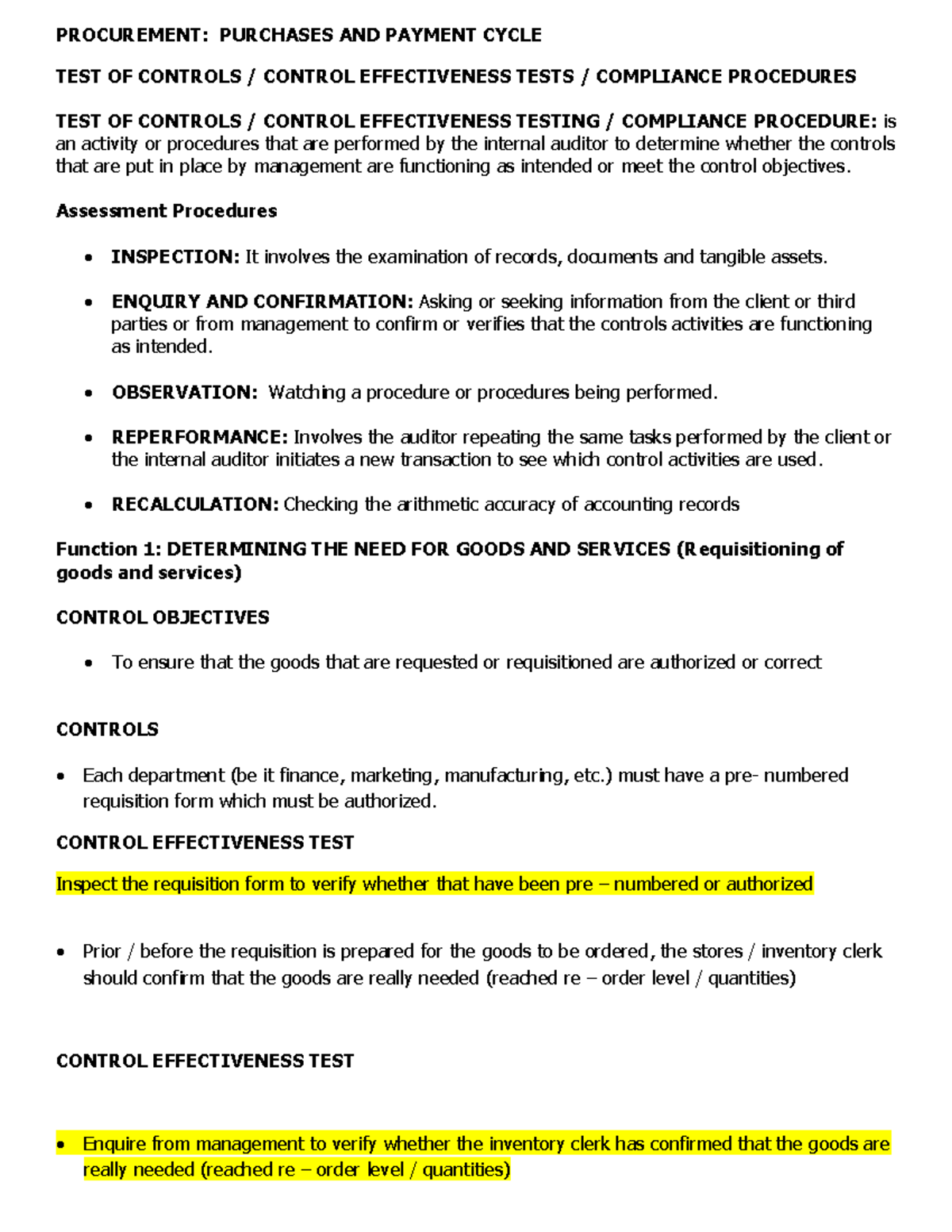 Lecture NOTE2 - Purchases and Payment Cycle Control Tests - Studocu