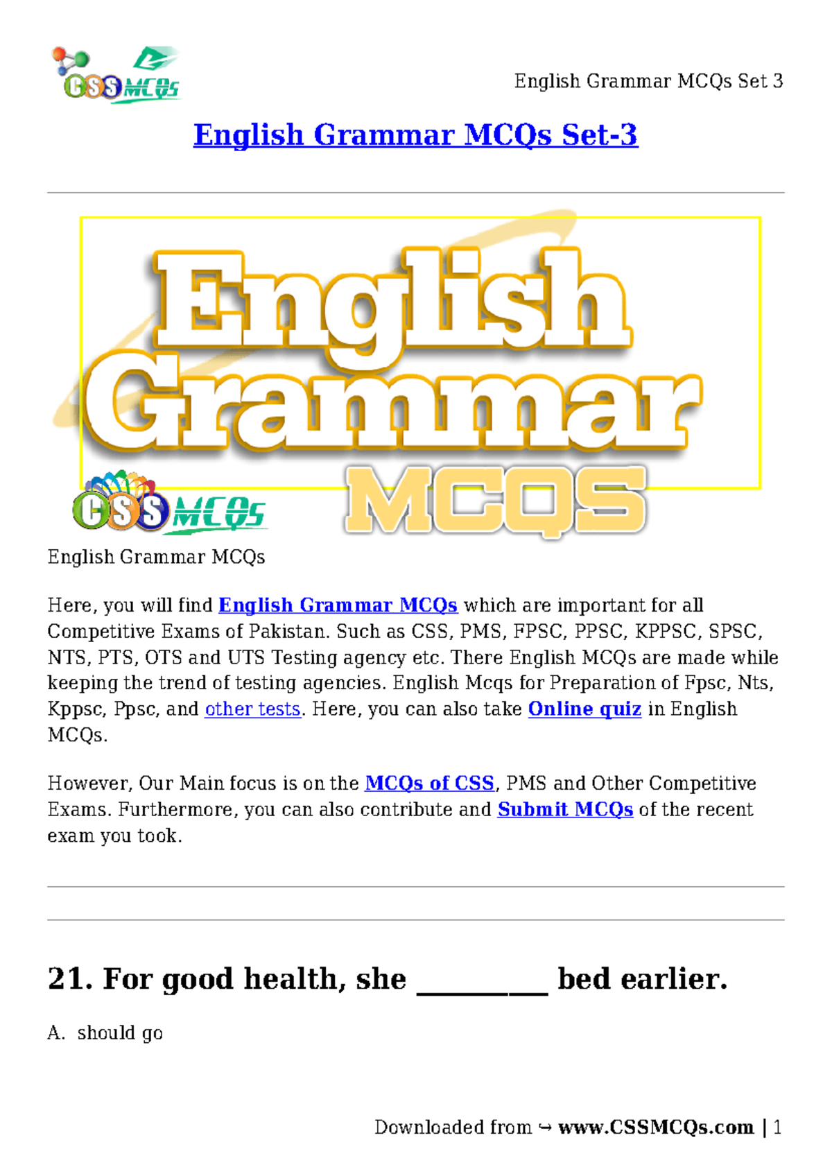 English Grammar MCQs for Competitive Exams - Set 3 - Studocu