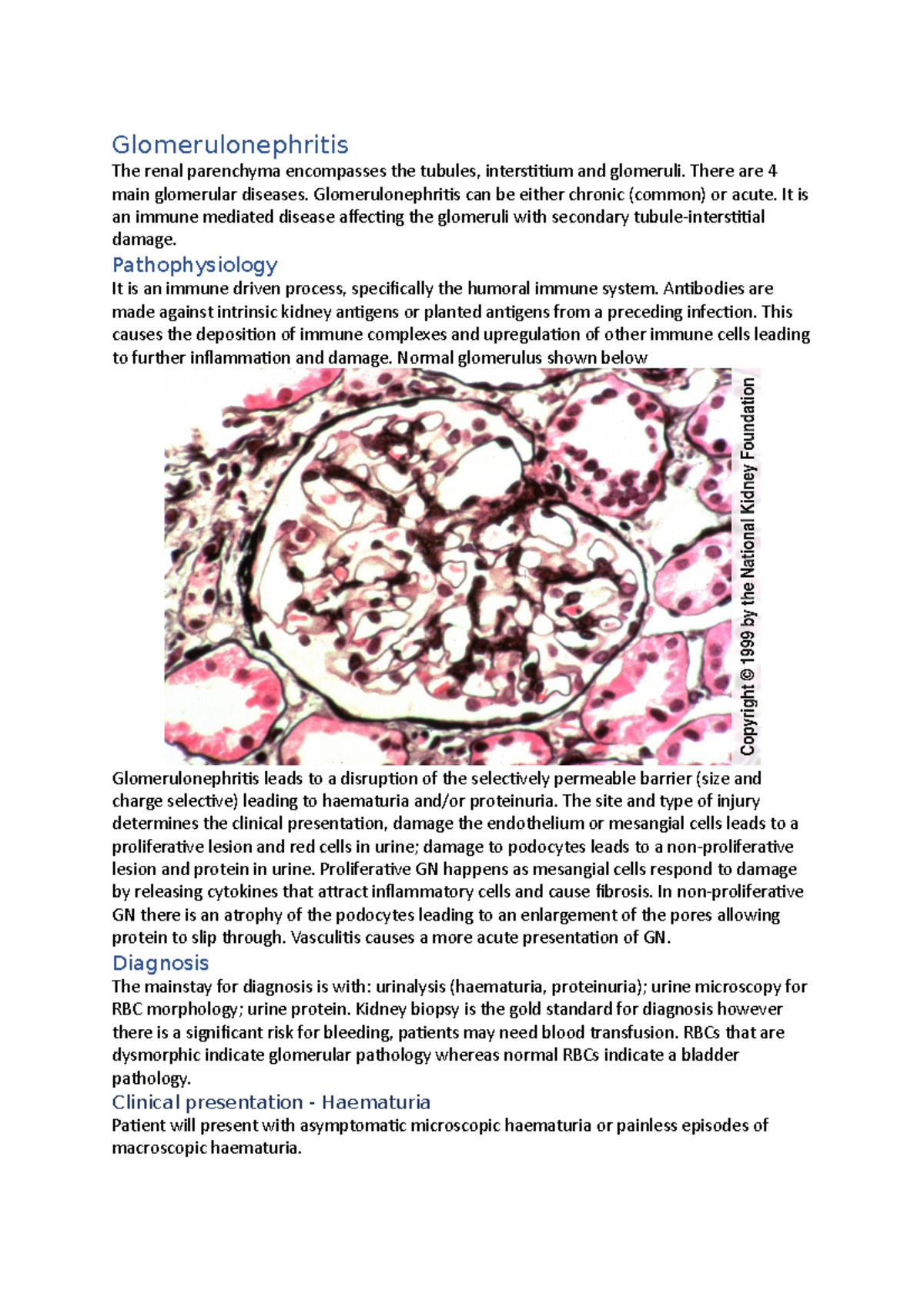 Glomerulonephritis - Lecture Notes 1: Pathophysiology & Diagnosis - Studocu