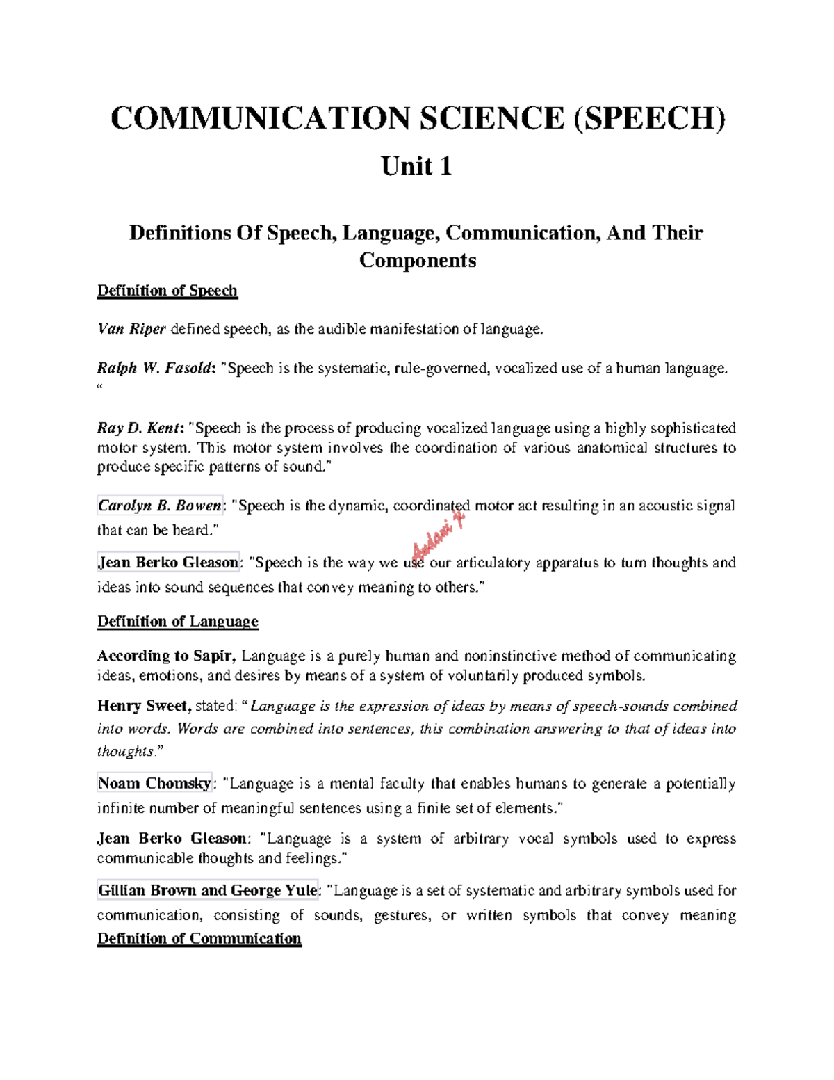 Full Unit 1 Communication Science - COMMUNICATION SCIENCE (SPEECH) Unit ...