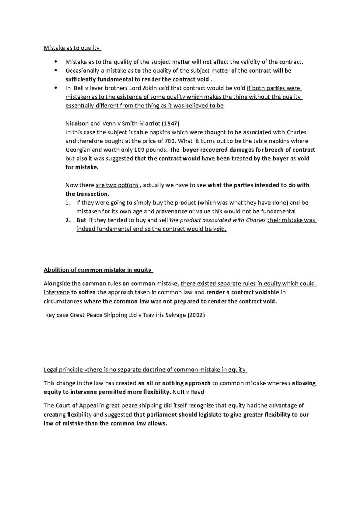 Contract Notes on Mistake in Contract Law: Key Principles & Cases - Studocu