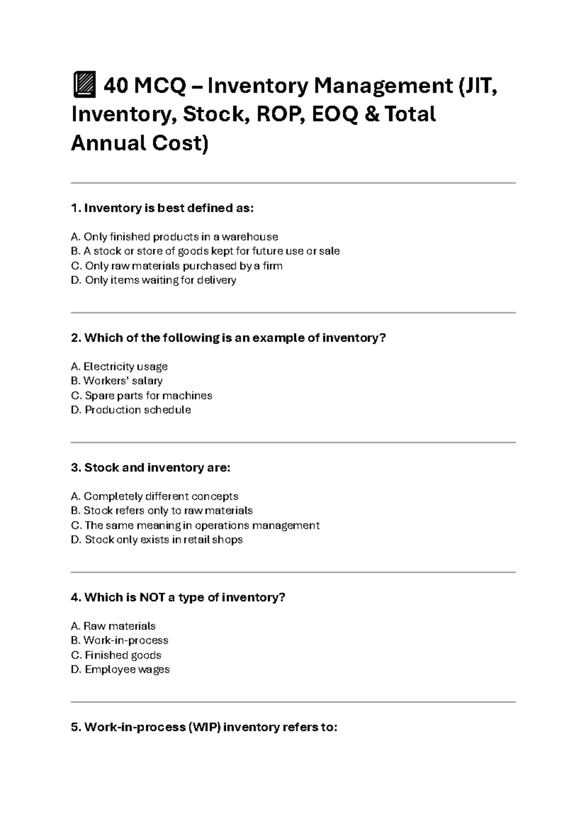 40 MCQ Inventory Management (OPR) - Practice Questions & Answers - Studocu