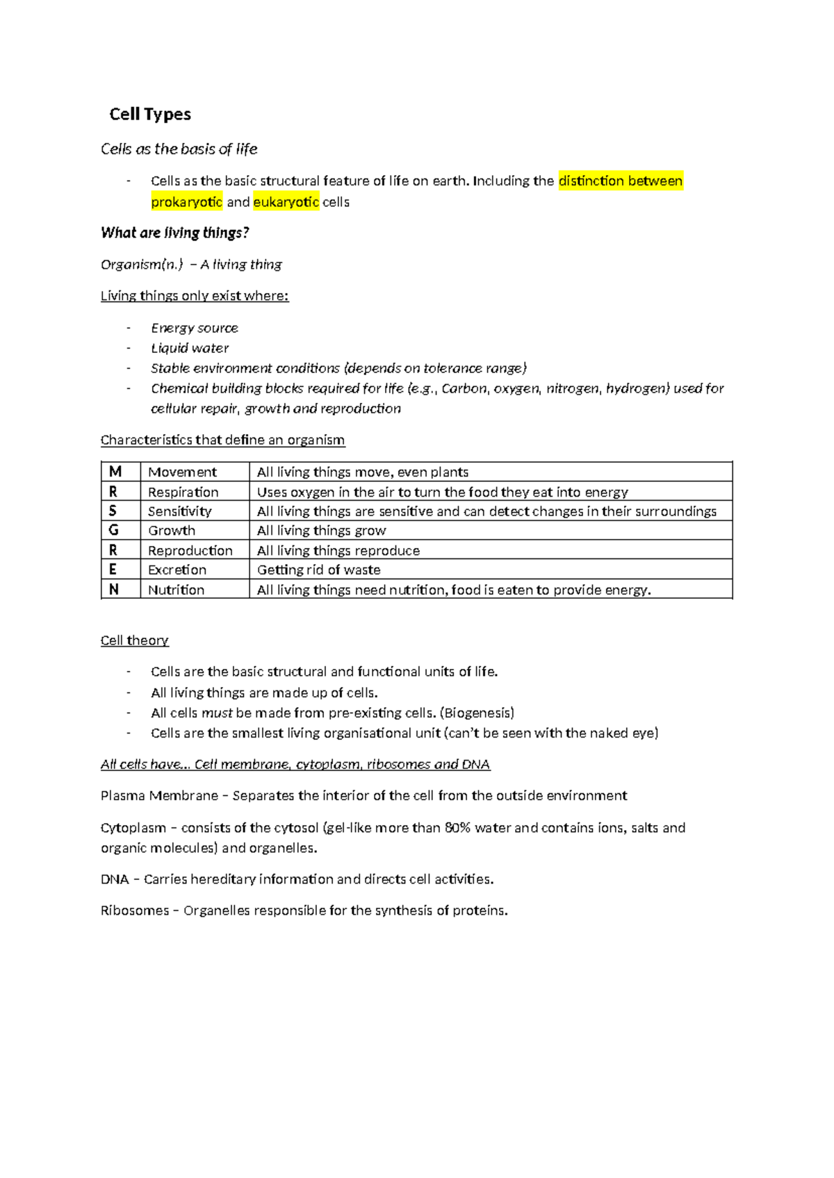 BIO AOS 1 Cell Types - Comprehensive Study Notes for Biology - Studocu