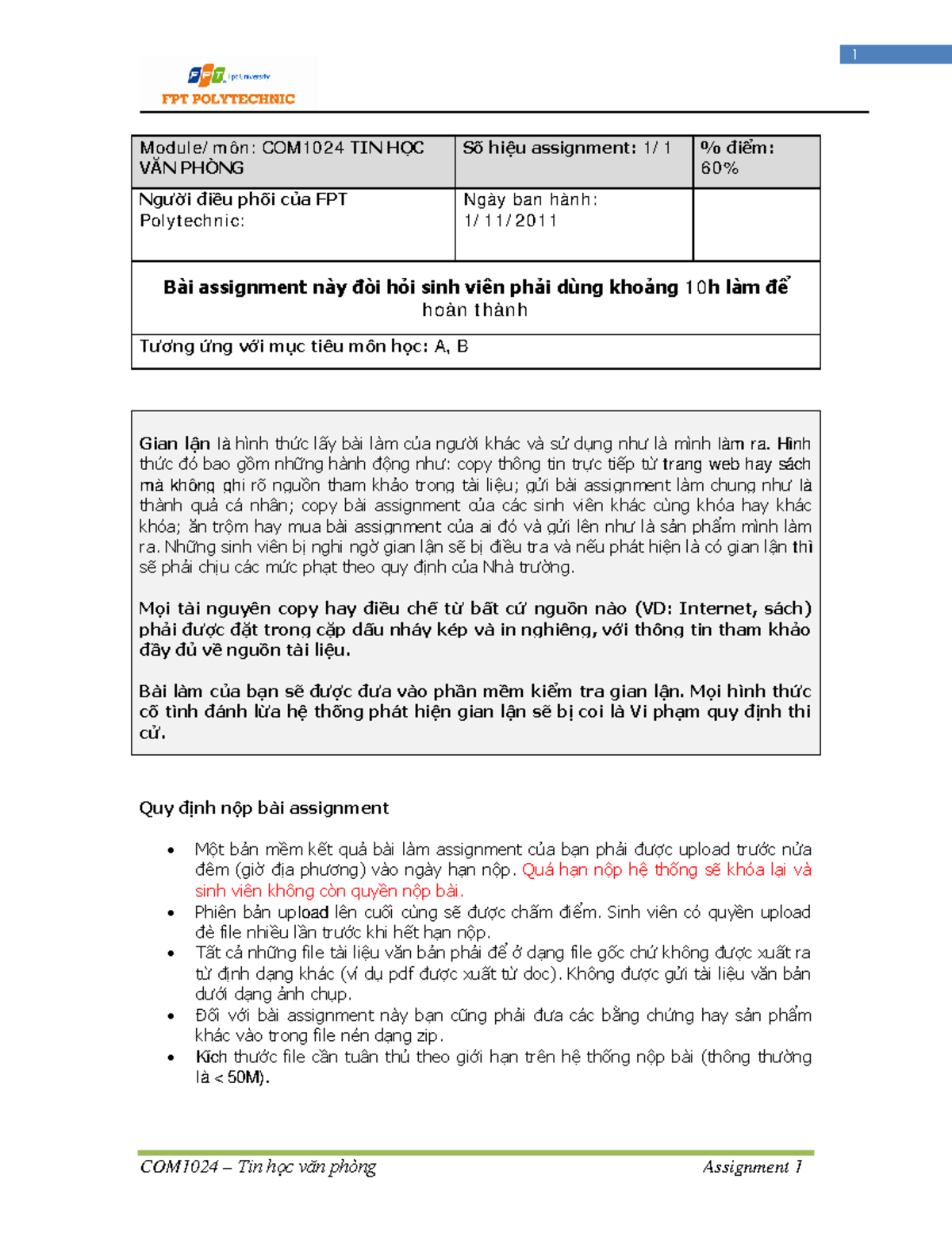 COM107 - Assignment 1: Hướng Dẫn Thực Hiện Bài Tập Tin Học Văn Phòng ...
