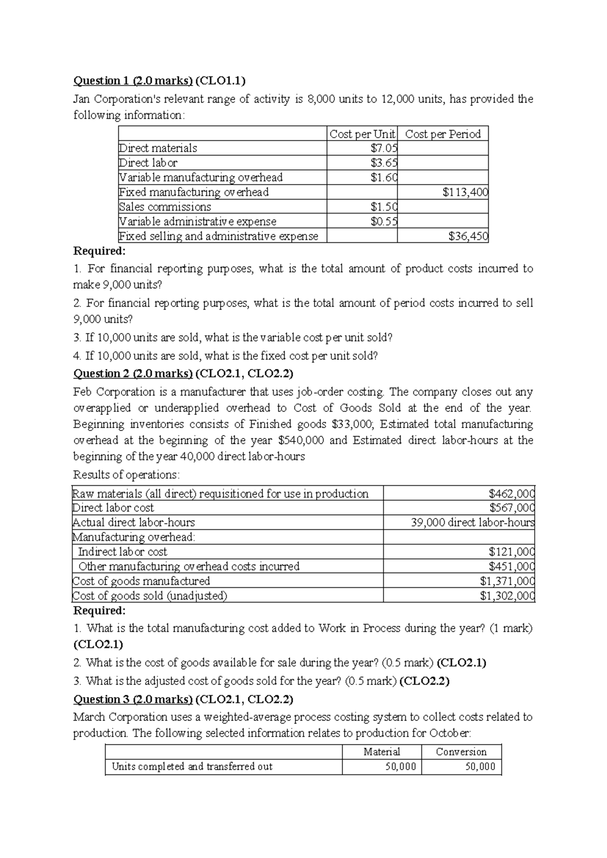 COST ACCOUNTING Questions (CLO1.1, CLO2.1, CLO2.2) - Studocu