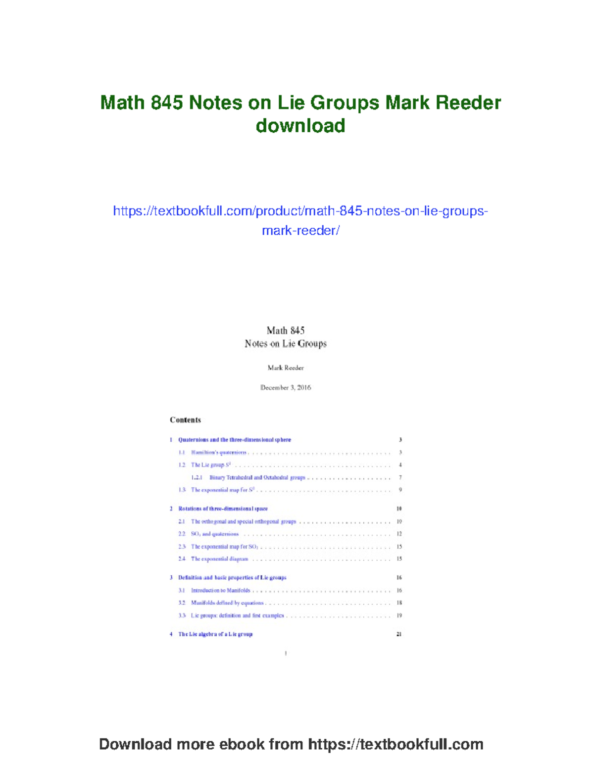 Math 845 Final Exam Notes on Lie Groups by Mark Reeder - Studocu