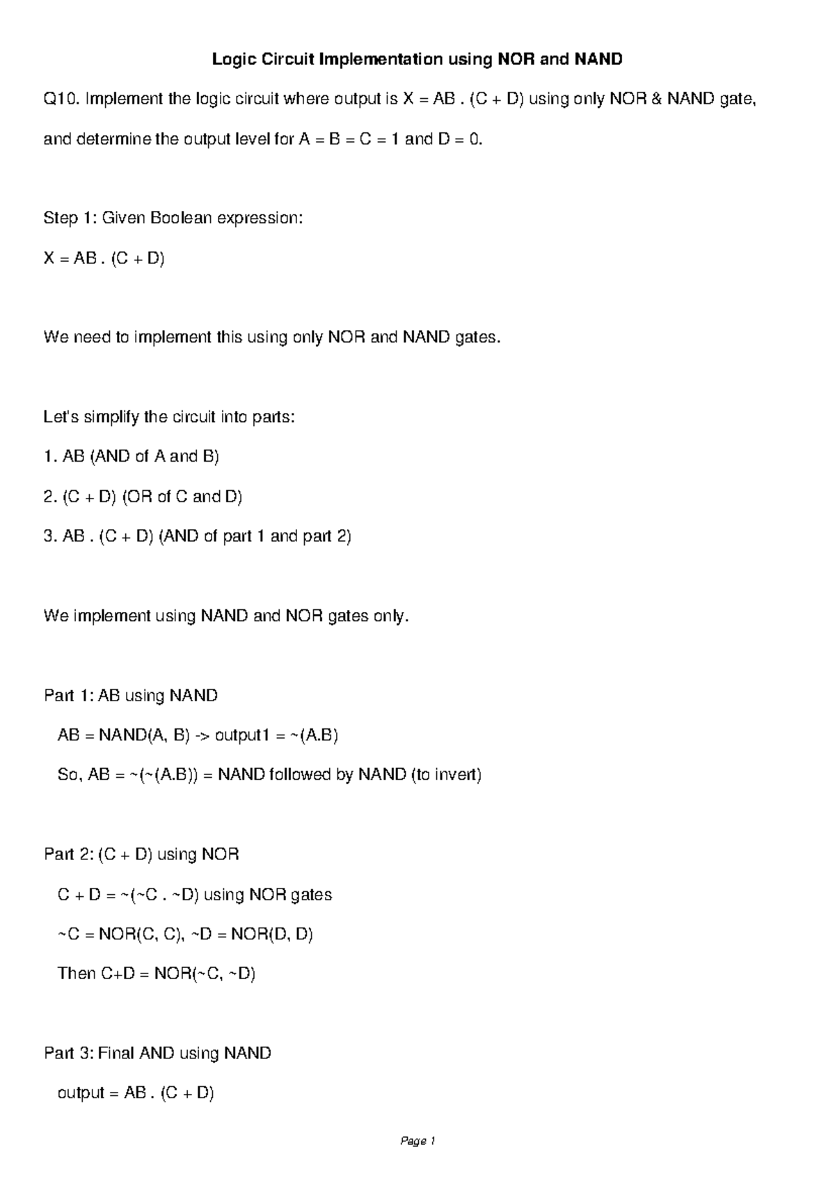 Logic Circuit Implementation with NAND & NOR Gates Q10 - Studocu