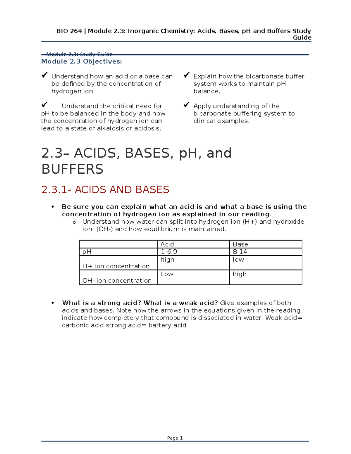 BIO 264 | Module 2 Study Guide: Acids, Bases, pH & Buffers Review - Studocu