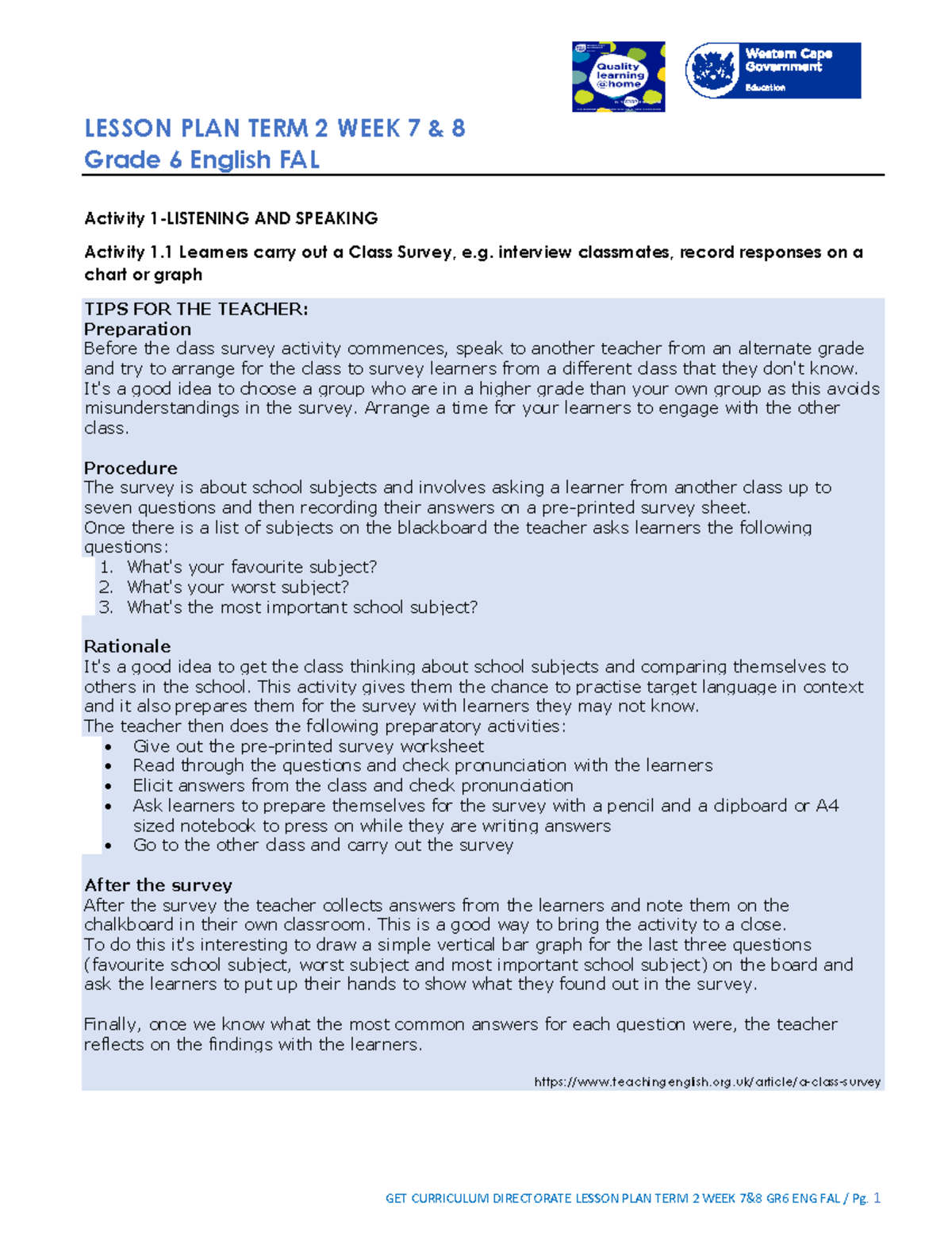 Grade 6 English FAL Lesson Plan T2 W7 & 8: Activities Overview - Studocu