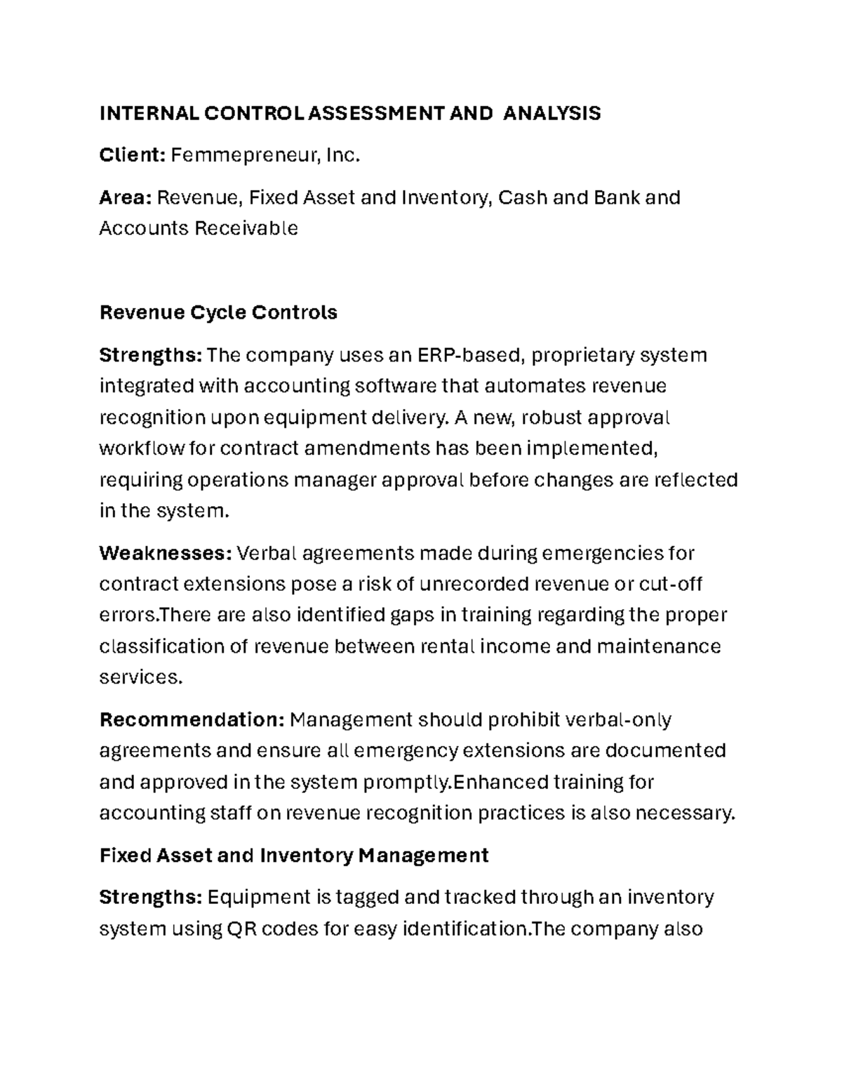 INTERNAL CONTROL ASSESSMENT REPORT: Femmepreneur, Inc. Analysis - Studocu