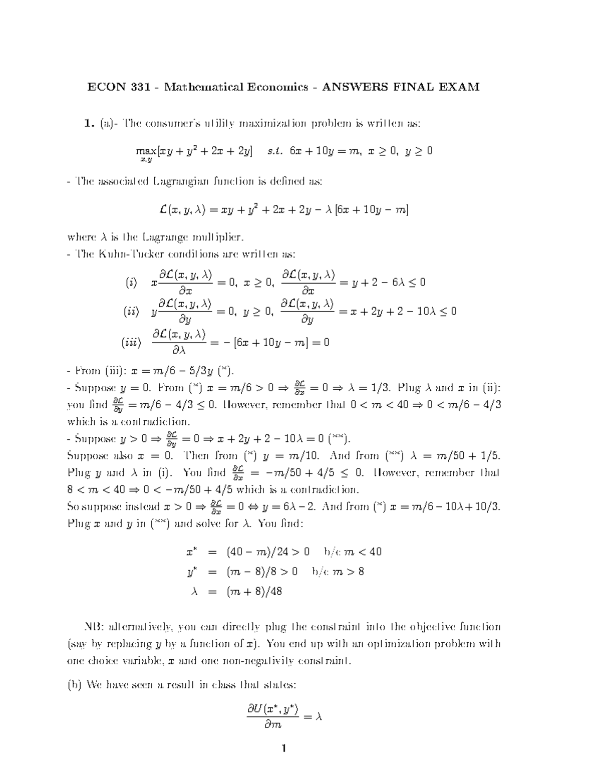 ECON 331 Mathematical Economics Final Exam Answers 2008 - Studocu