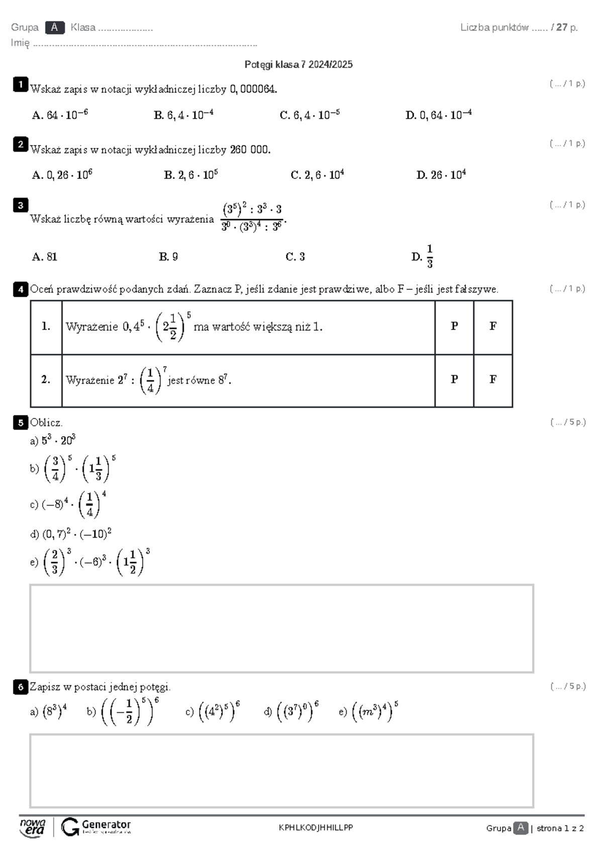 Potęgi Klasa 7 Sprawdzian Profesor www.studocu.com