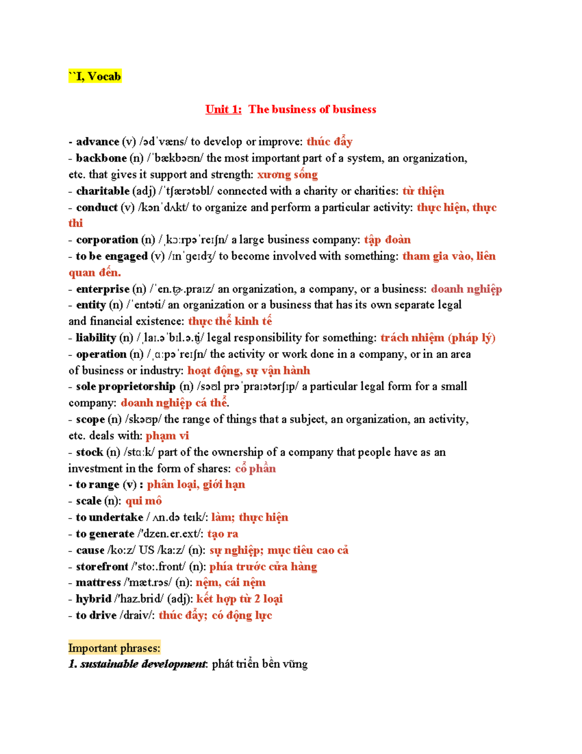 VOCAB & WRITING NOTES COB1: Business Terms & Concepts Overview - Studocu