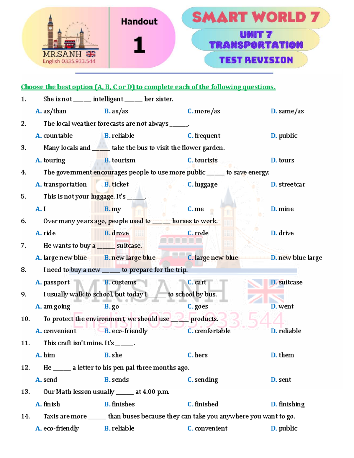 1 (SW7) U7 Test - Multiple Choice Questions and Sentence Rewrites - Studocu