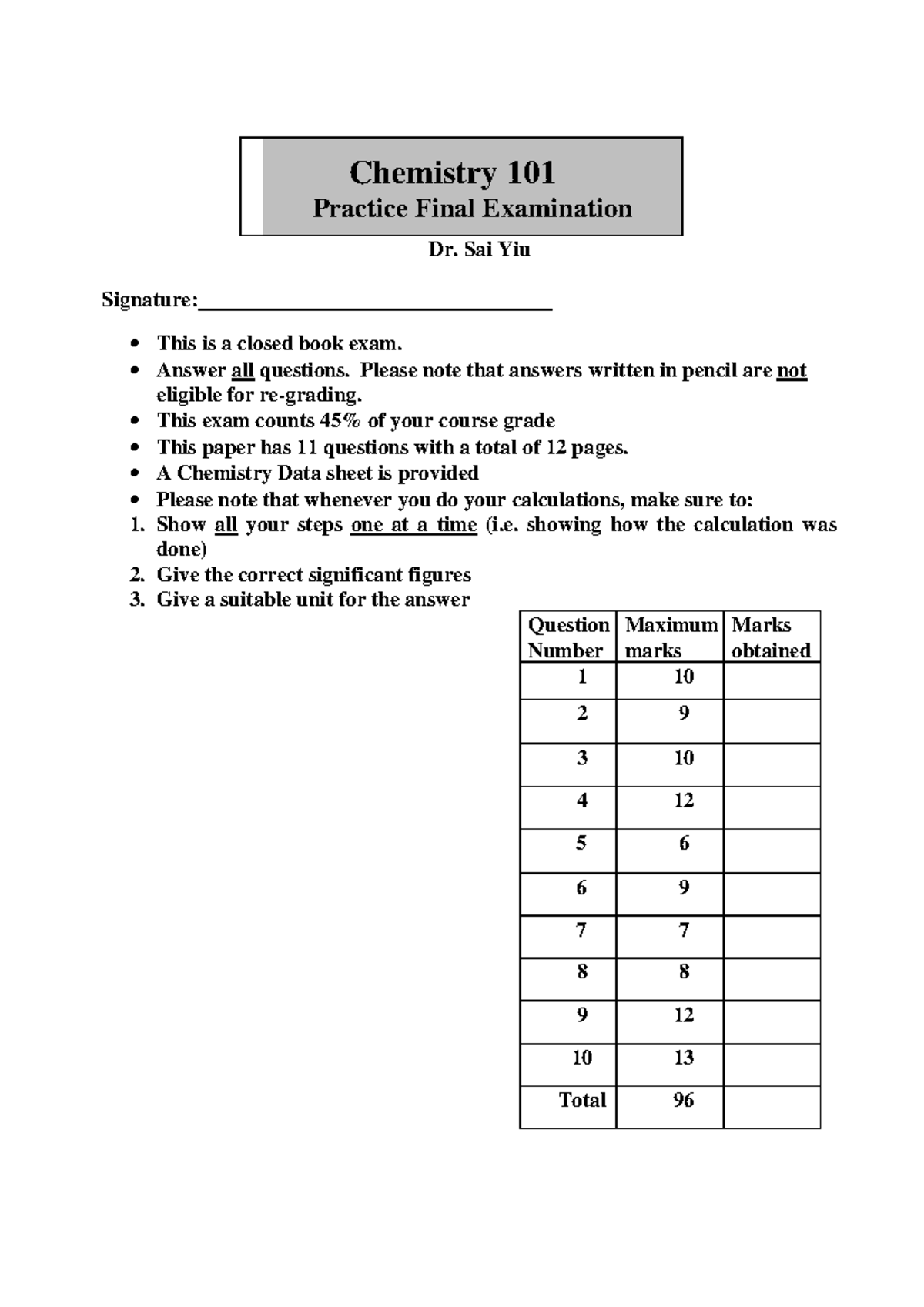 Chemistry 101 Practice Final Exam - Dr. Sai Yiu - Studocu