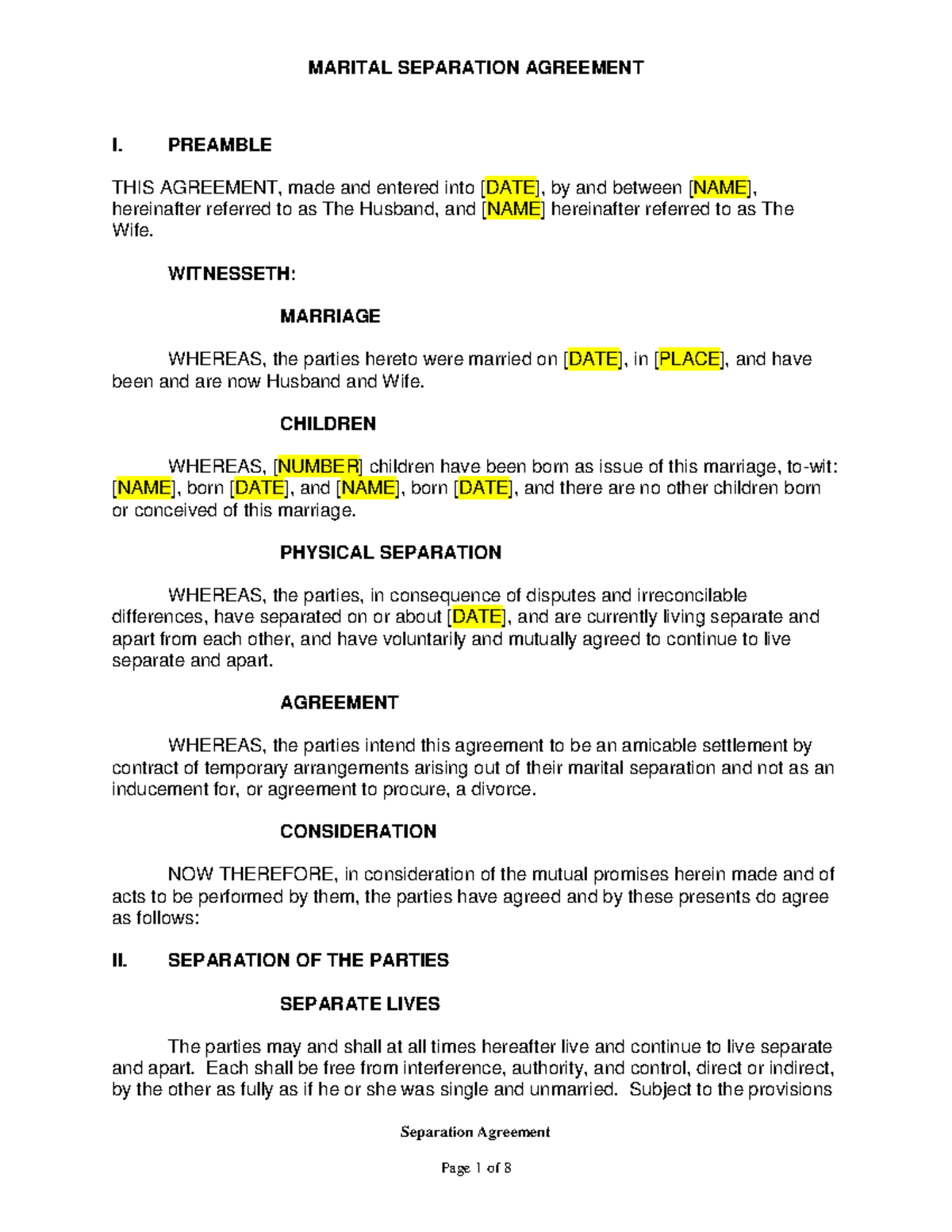 Marital Separation Agreement Template: Key Provisions & Guidelines ...