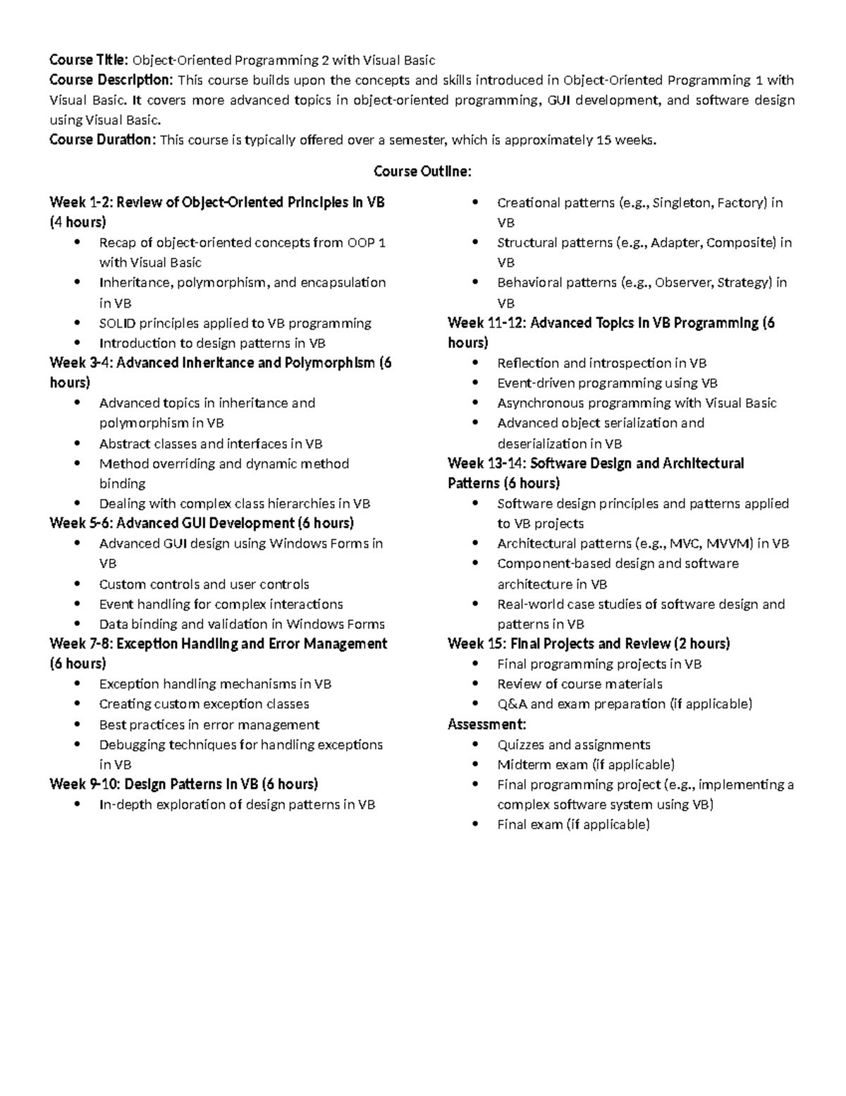 OOP 2 (VB): Course Outline & Schedule for Advanced Programming Concepts ...