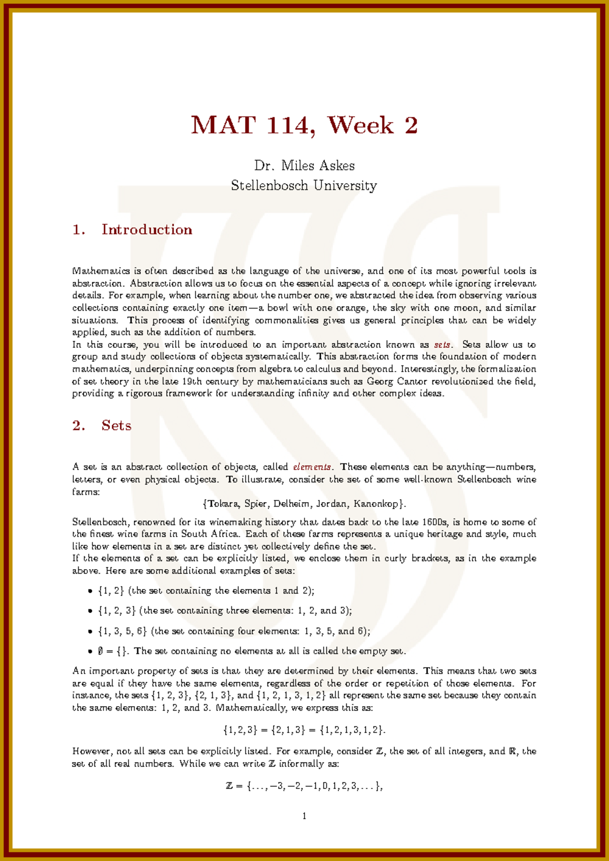 MAT 114, Week 2 - Lecture Notes on Sets and Abstraction - Studocu