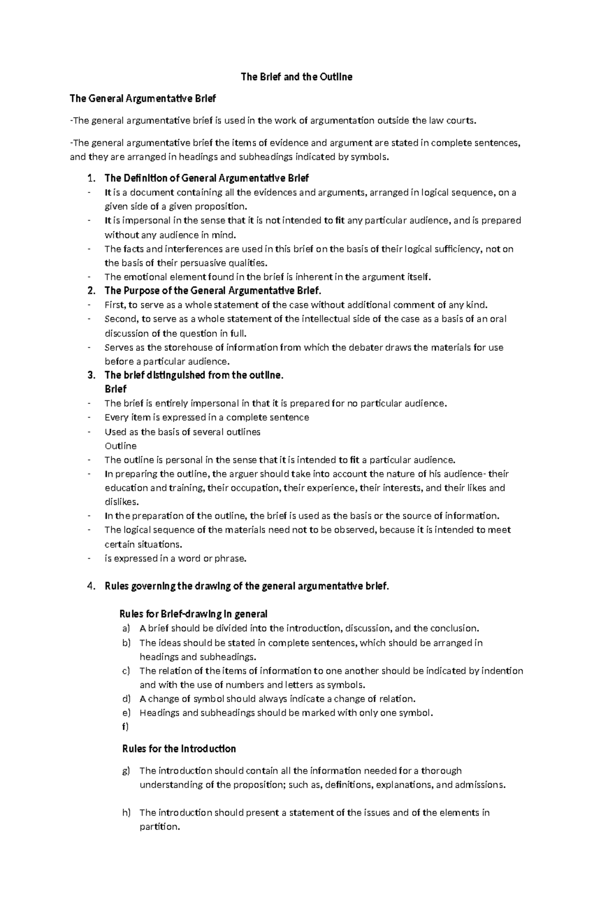 The Brief and the Outline -The general argumentative brief the items of ...