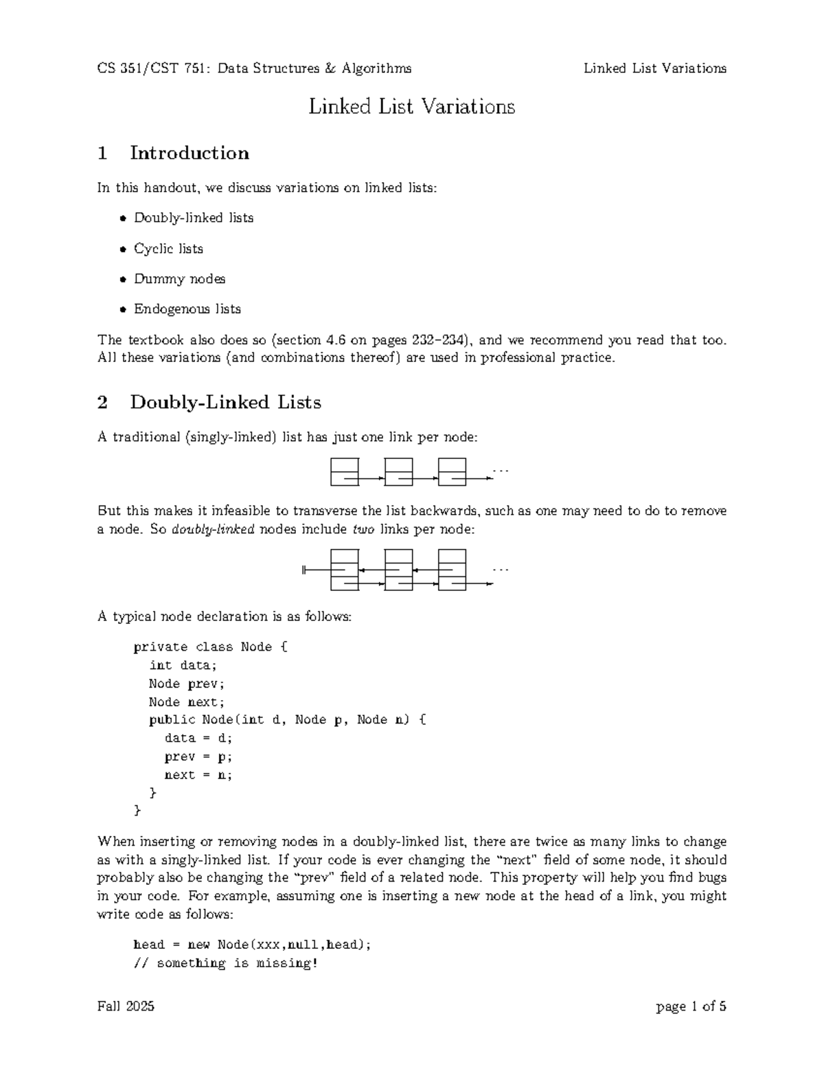 CS 351/CST 751: Linked List Variations Lecture Notes - Studocu