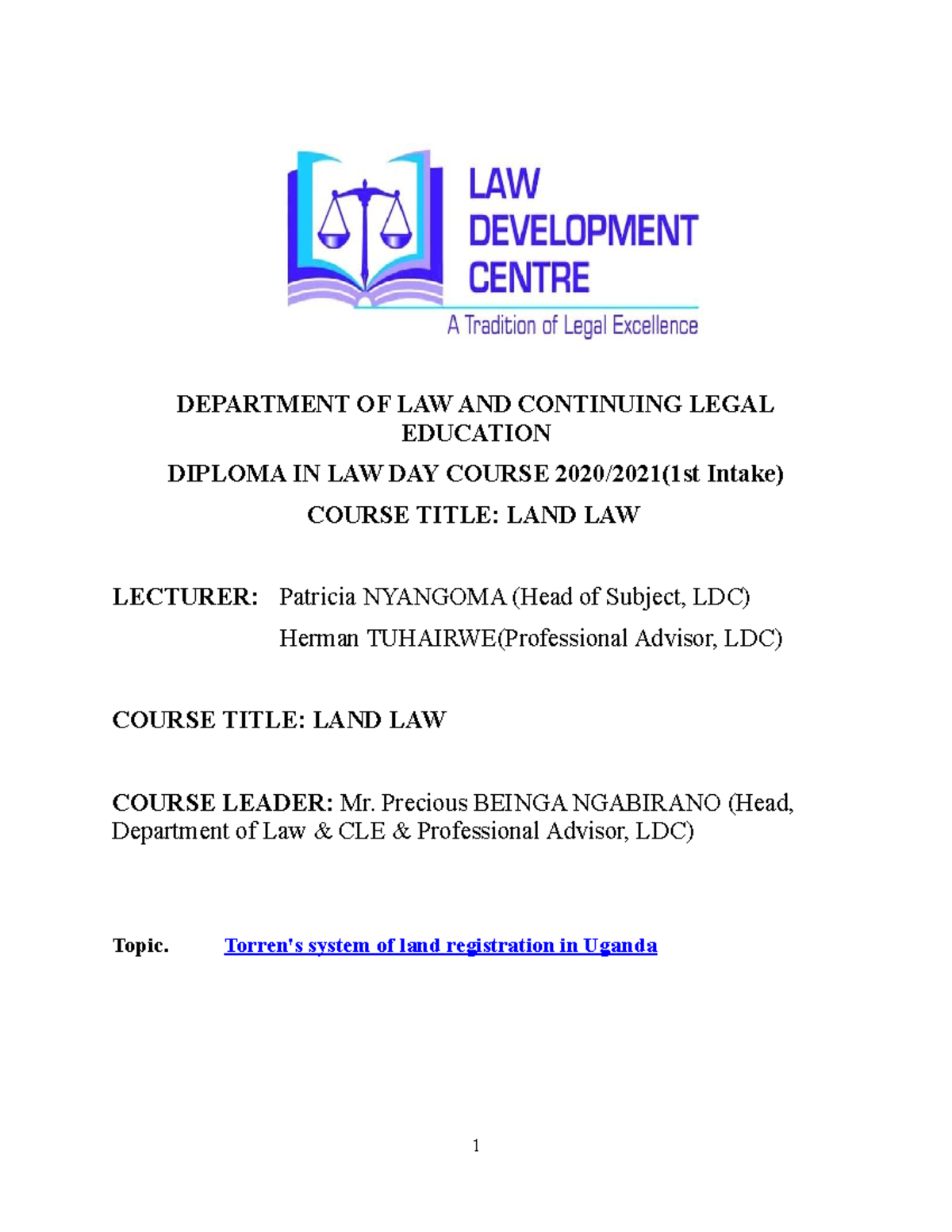 Torrens system in Uganda - DEPARTMENT OF LAW AND CONTINUING LEGAL ...