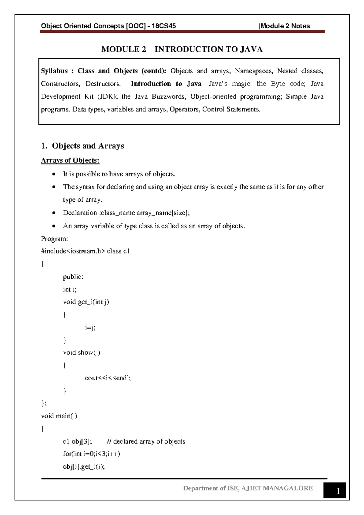 OOC 18CS45: Module II - Introduction to Java Concepts and Objects - Studocu