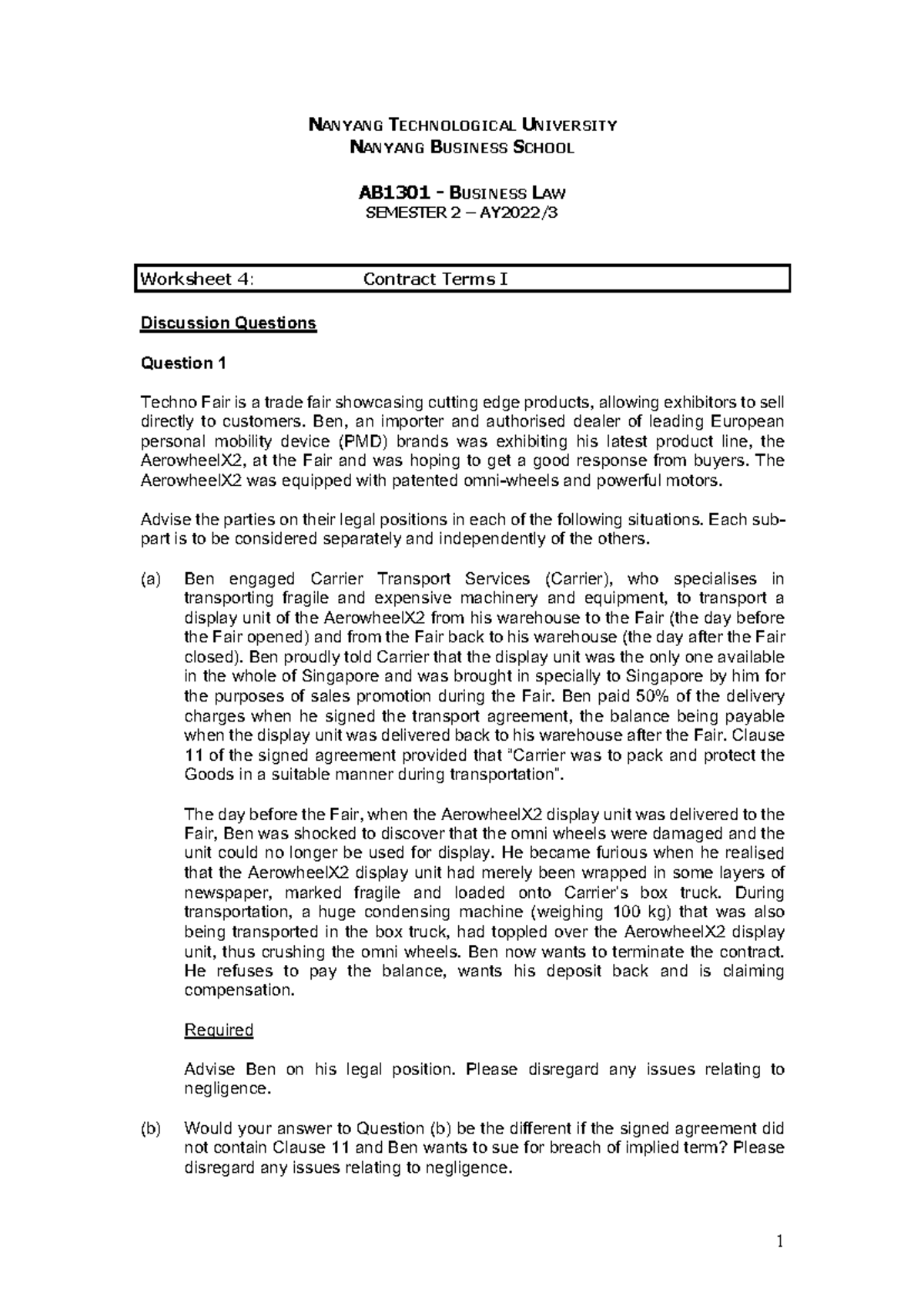 AB1301 - Business Law Semester 2: Week 4 Worksheet on Contracts - Studocu